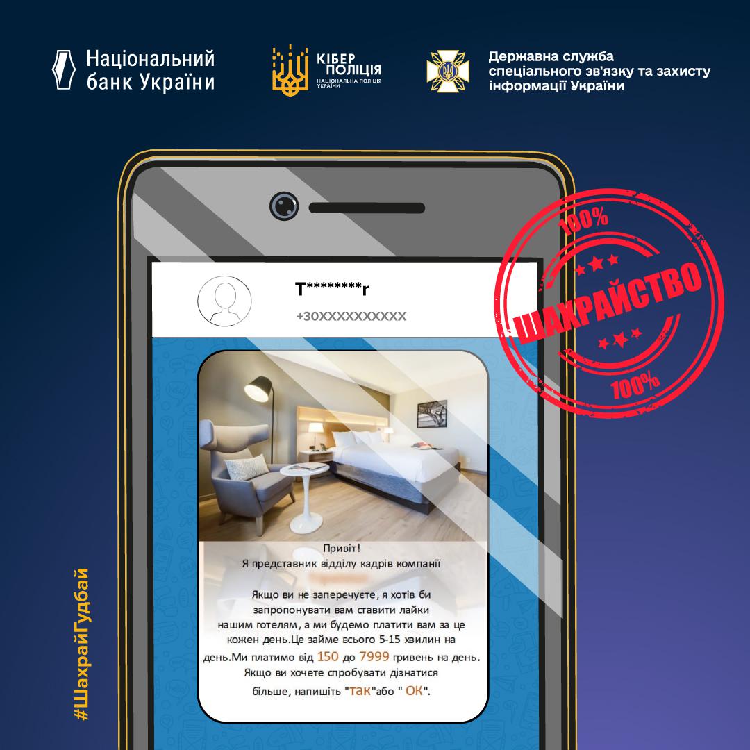 Інформаційний плакат про шахрайство з "легким заробітком", оформлений у темно-синіх кольорах. У верхній частині розташовані логотипи Національного банку України, Кіберполіції та Державної служби спеціального зв'язку та захисту інформації України. У центрі плаката зображено екран смартфона з повідомленням-пропозицією "ставити лайки нашим готелям" за щоденну винагороду від 150 до 7999 гривень. Поверх екрана стоїть великий червоний штамп зі словами "100% ШАХРАЙСТВО". Ліворуч розміщено хештег #ШахрайГудбай.