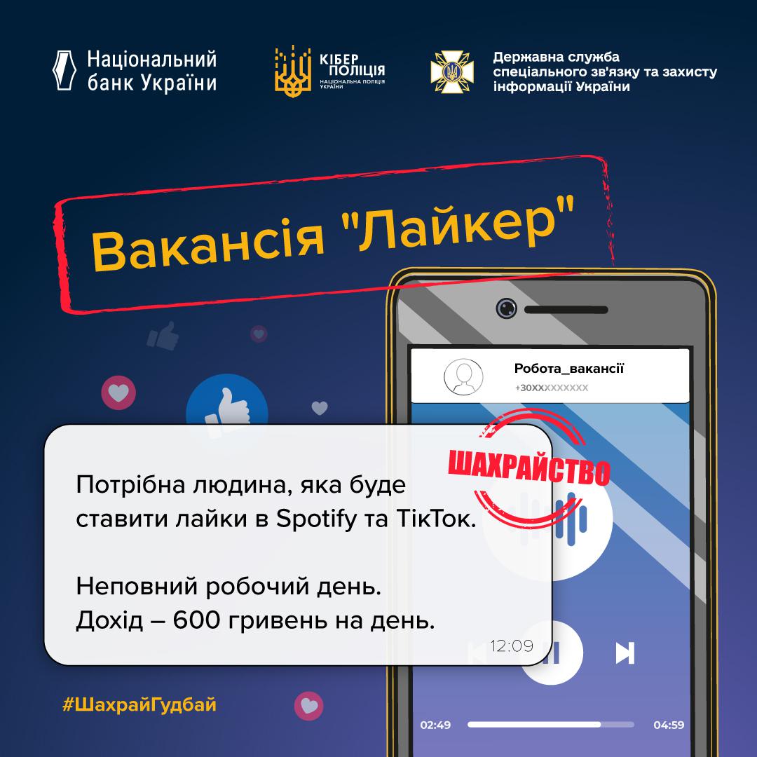 Інформаційний плакат, що попереджає про шахрайську вакансію "Лайкер". Плакат виконаний у темно-синіх кольорах. У верхній частині розташовані логотипи Національного банку України, Кіберполіції та Державної служби спеціального зв'язку та захисту інформації України. У центрі зображено скріншот екрана смартфона з пропозицією роботи під назвою "Робота_вакансії". Напис "Вакансія 'Лайкер'" розміщений над повідомленням: "Потрібна людина, яка буде ставити лайки в Spotify та TikTok. Неповний робочий день. Дохід – 600 гривень на день." Поверх цієї пропозиції стоїть великий червоний штамп зі словами "ШАХРАЙСТВО". У нижньому правому куті розміщений хештег #ШахрайГудбай.