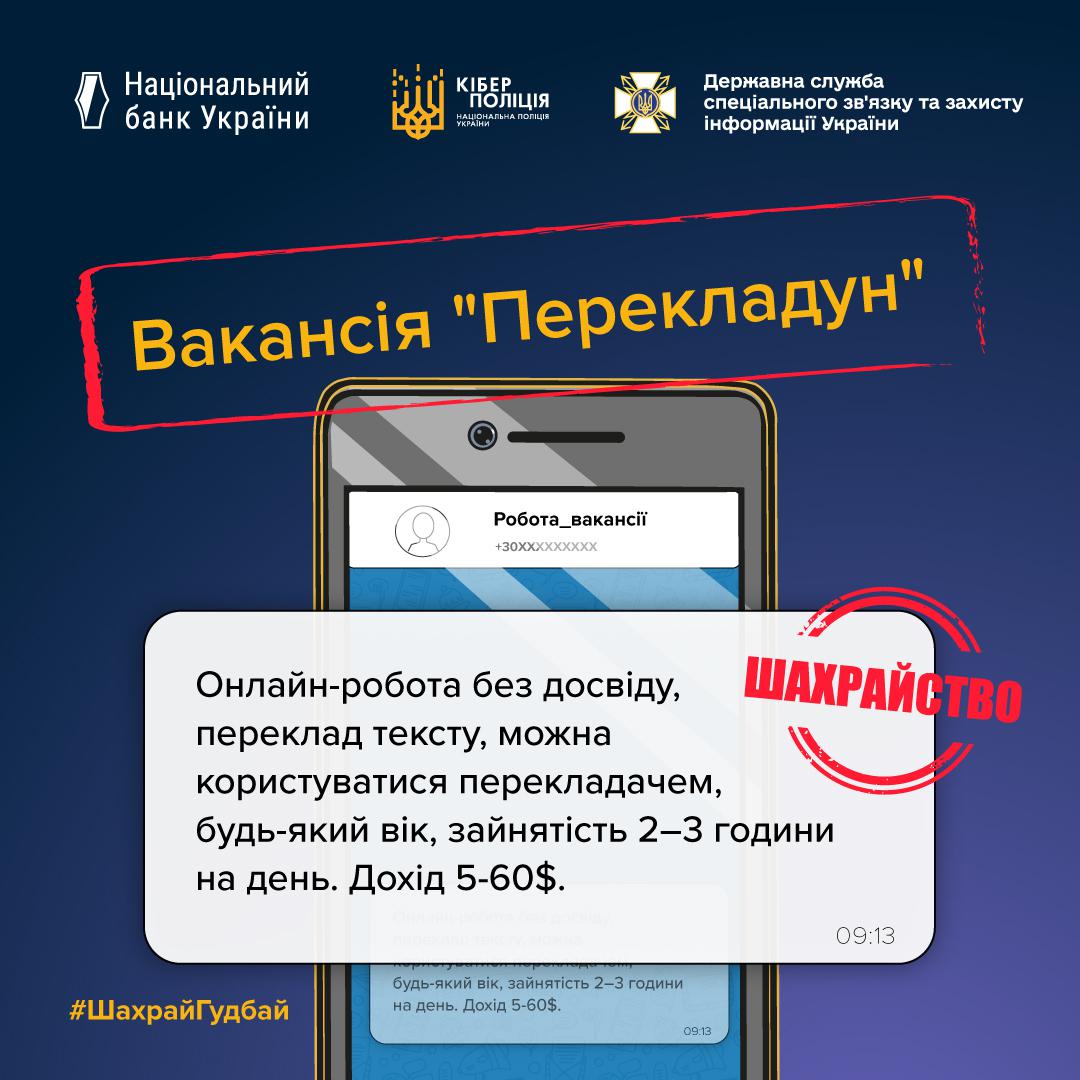 Інформаційний плакат, що попереджає про шахрайську вакансію "Перекладун". Плакат виконаний у темно-синіх кольорах. У верхній частині розташовані логотипи Національного банку України, Кіберполіції та Державної служби спеціального зв'язку та захисту інформації України. У центрі зображено скріншот екрана смартфона з пропозицією роботи під назвою "Робота_вакансії". Напис "Вакансія 'Перекладун'" розміщений над повідомленням: "Онлайн-робота без досвіду, переклад тексту, можна користуватися перекладачем, будь-який вік, зайнятість 2–3 години на день. Дохід 5-60$." Поверх цієї пропозиції стоїть великий червоний штамп зі словами "ШАХРАЙСТВО". У нижньому правому куті розміщений хештег #ШахрайГудбай.