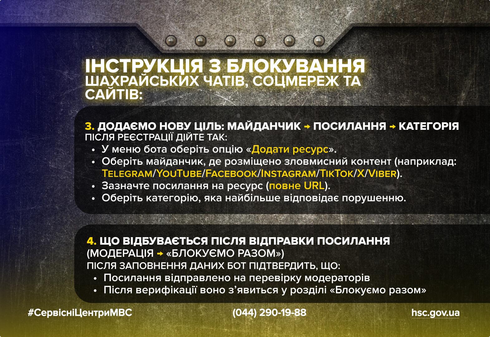 Інформаційна картка на темному текстурованому фоні продовжує інструкцію з блокування шахрайських чатів, соцмереж та сайтів. Текст описує кроки 3 та 4. У третьому пункті йдеться про додавання нової цілі: у меню бота треба обрати Додати ресурс, вказати майданчик (наприклад, Telegram, YouTube або Facebook), надати повне посилання та обрати категорію порушення. Четвертий пункт пояснює, що після відправки посилання проходить модерацію і після верифікації з’являється у розділі Блокуємо разом. У нижній частині плаката вказано хештег СервісніЦентриМВС, номер телефону (044) 290-19-88 та адресу сайту hsc.gov.ua.