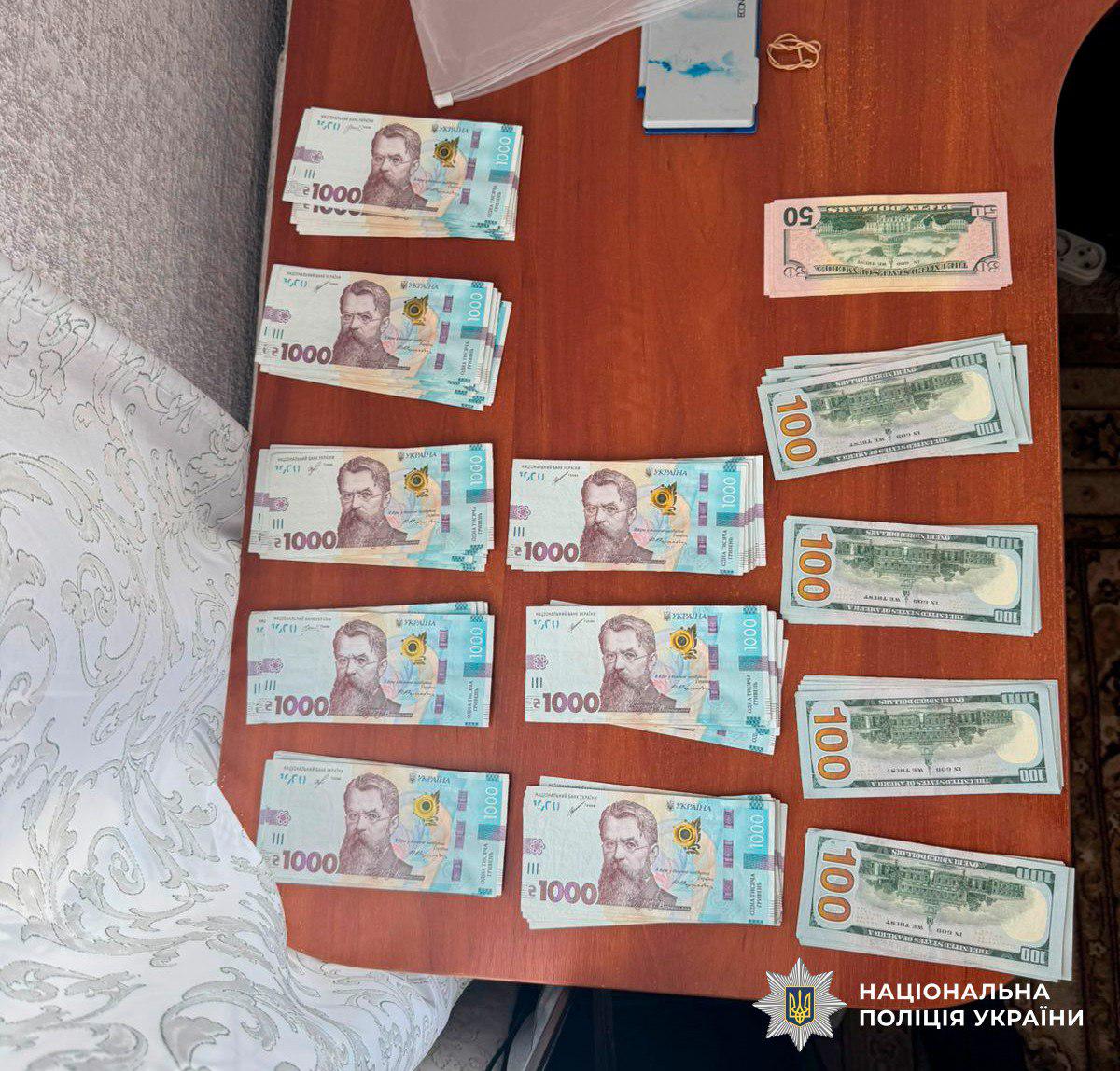 На фотографії зображено велику суму грошей, розкладену на поверхні коричневого столу. Зліва та в центрі лежать дев’ять пачок українських купюр номіналом 1000 гривень. Справа розміщені чотири пачки купюр номіналом 100 доларів США та одна купюра номіналом 50 доларів США. Гроші розкладені охайними рядами для документування. У нижньому правому куті розміщено логотип та напис Національна поліція України. Світлина ілюструє вилучення готівкових коштів під час проведення обшуку або слідчих дій.