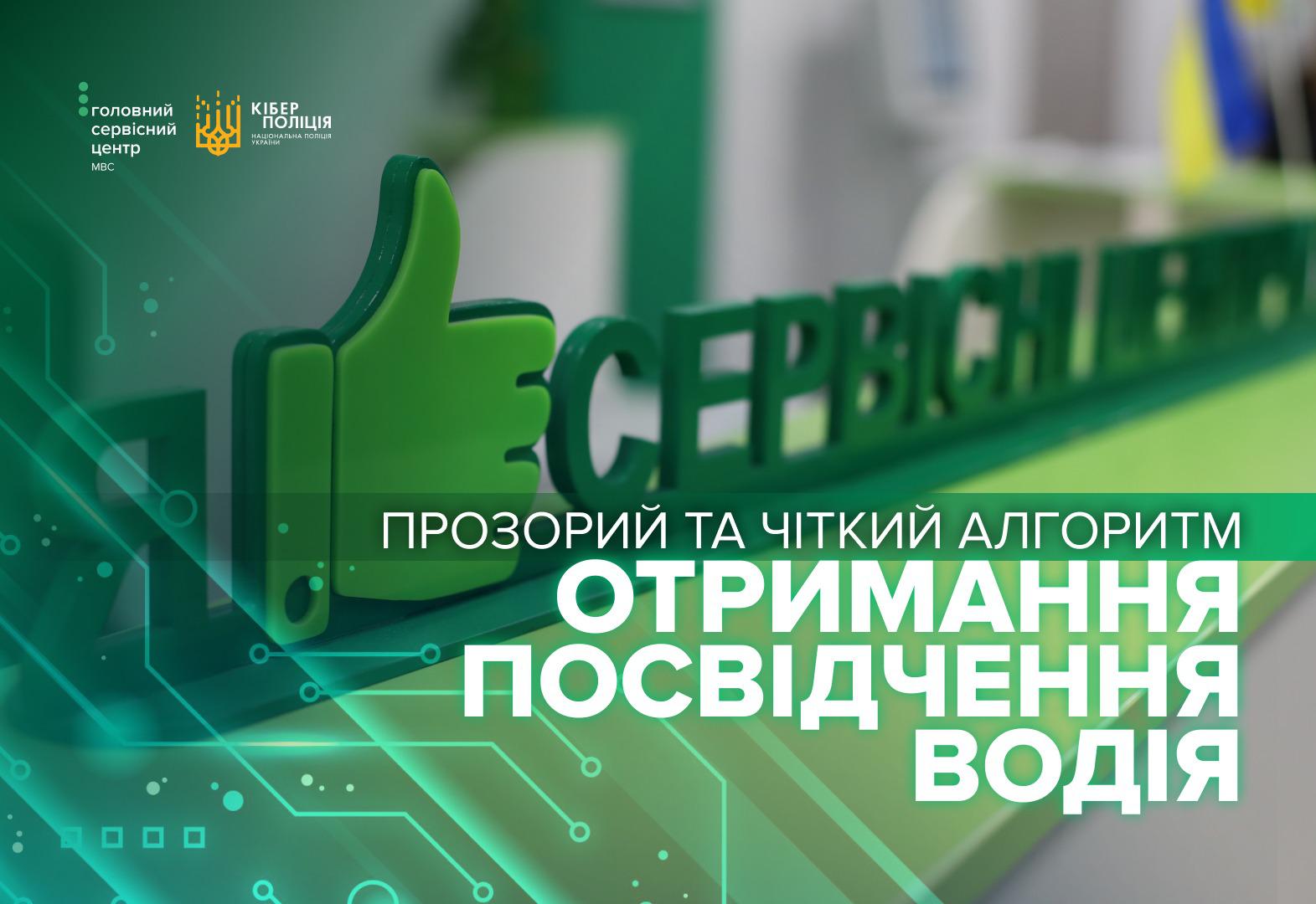 На графічному зображенні представлено інформаційний банер у зелених та білих тонах, присвячений отриманню водійських послуг. На передньому плані зліва зображено велику зелену фігуру у формі руки з піднятим догори великим пальцем (жест «клас»). На задньому плані видно напис зеленими літерами: Сервісний центр. У центрі банера розміщено великий білий текст: Прозорий та чіткий алгоритм отримання посвідчення водія. У верхньому лівому куті розташовані логотипи Головного сервісного центру МВС та Кіберполіції України. Фонове зображення має елементи цифрової мережі з лініями та крапками.