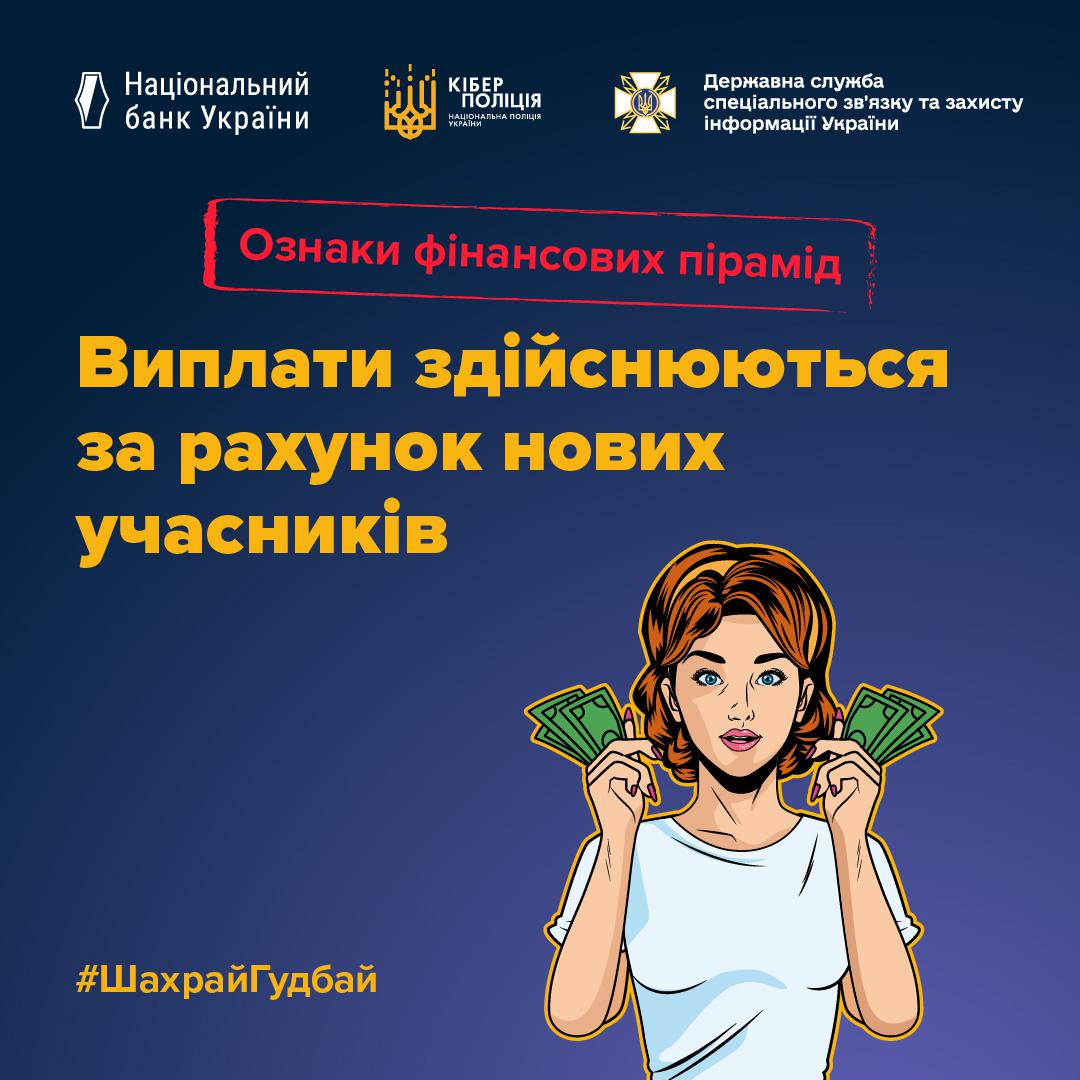 На графічному зображенні на синьому фоні у верхній частині розміщено логотипи Національного банку України, Кіберполіції та Державної служби спеціального зв'язку та захисту інформації України. Нижче на червоній плашці білим кольором написано Ознаки фінансових пірамід, а під нею великими жовтими літерами заголовок Виплати здійснюються за рахунок нових учасників. У правій нижній частині зображено жінку з рудим волоссям у білій футболці, яка тримає в обох руках пачки зелених грошових купюр біля свого обличчя. Малюнок виконаний у стилі поп-арт із чіткими чорними контурами. У нижньому лівому куті банера розміщено жовтий хештег ШахрайГудбай. Тло має м’який градієнт від світло-синього до темнішого відтінку.
