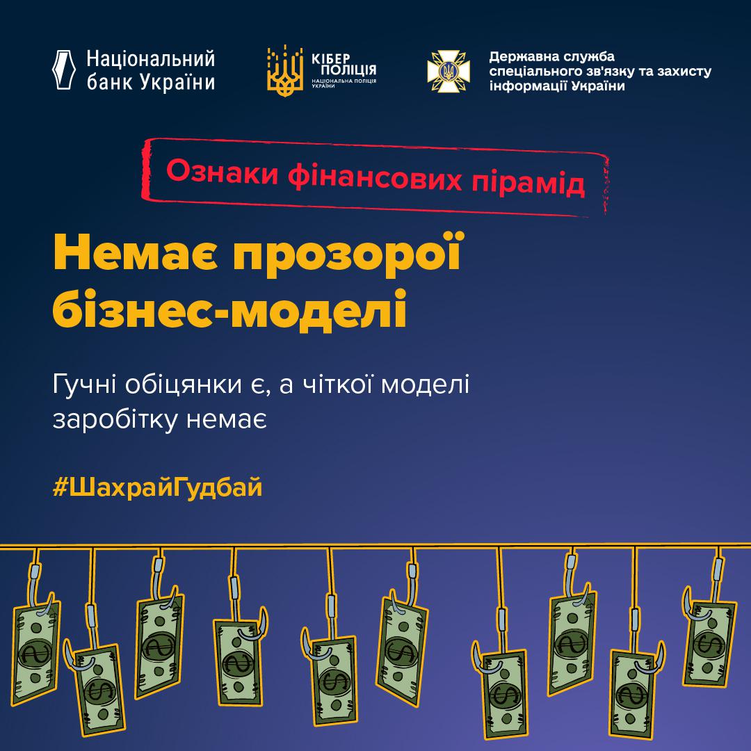 На графічному зображенні на синьому фоні у верхній частині розміщено логотипи Національного банку України, Кіберполіції та Державної служби спеціального зв'язку та захисту інформації України. Нижче на червоній плашці білим кольором написано Ознаки фінансових пірамід, а під нею великими жовтими літерами заголовок Немає прозорої бізнес-моделі. Посередині банера розміщено уточнювальний текст білого кольору: Гучні обіцянки є, а чіткої моделі заробітку немає. У нижній частині зображено ряд вертикальних жовтих ліній, що нагадують волосінь, на кінці кожної з яких прикріплено рибальський гачок. На ці гачки нанизані зелені банкноти з символом долара, що висять у ряд над нижньою межею кадру. У лівій частині над ілюстрацією з гачками розміщено жовтий хештег ШахрайГудбай. Тло має плавний градієнтний перехід від світлішого синього зверху до темнішого відтінку знизу.
