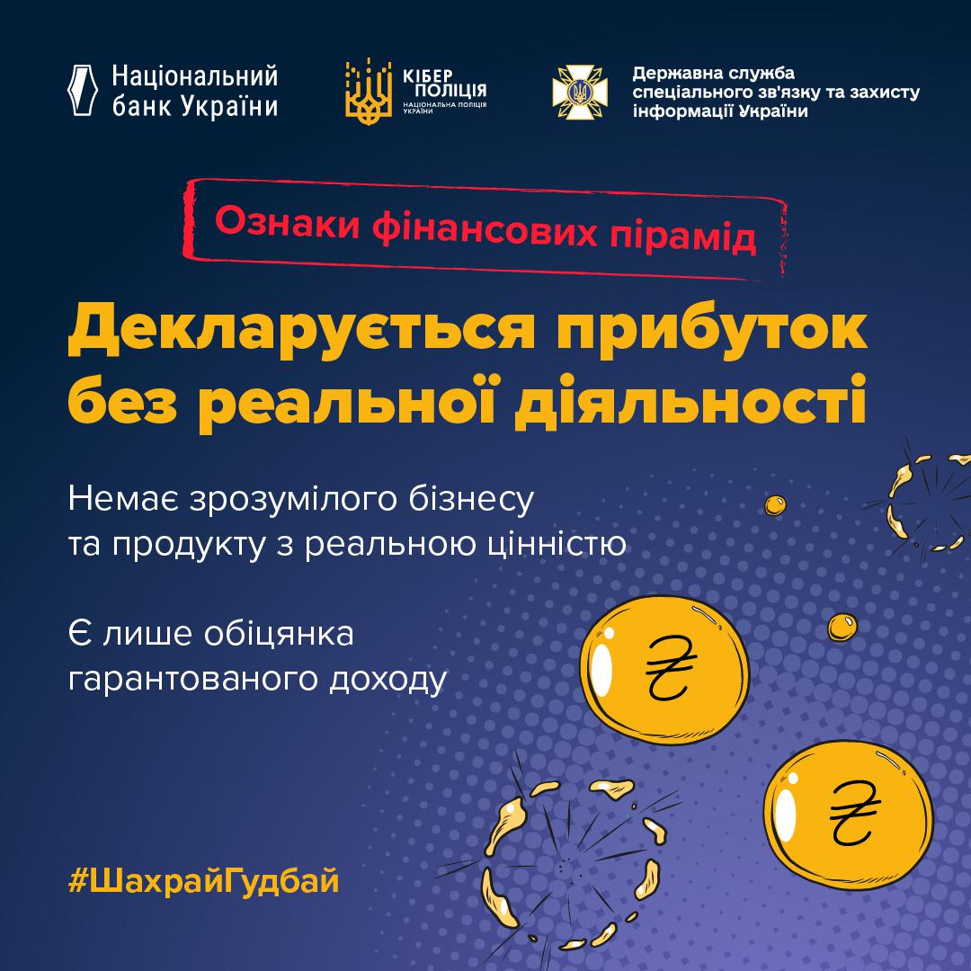 На графічному зображенні на синьому фоні у верхній частині розміщено логотипи Національного банку України, Кіберполіції та Державної служби спеціального зв'язку та захисту інформації України. Нижче на червоній плашці білим кольором написано Ознаки фінансових пірамід, а під нею великими жовтими літерами заголовок Декларується прибуток без реальної діяльності. З лівого боку розміщено текст білого кольору: Немає зрозумілого бізнесу та продукту з реальною цінністю, а також Є лише обіцянка гарантованого доходу. У правій нижній частині банера зображені стилізовані золоті монети із символом гривні, що ніби розлітаються від графічного вибуху. У нижньому лівому куті додано жовтий хештег ШахрайГудбай. Тло зображення прикрашене дрібним крапчастим візерунком у правій частині.