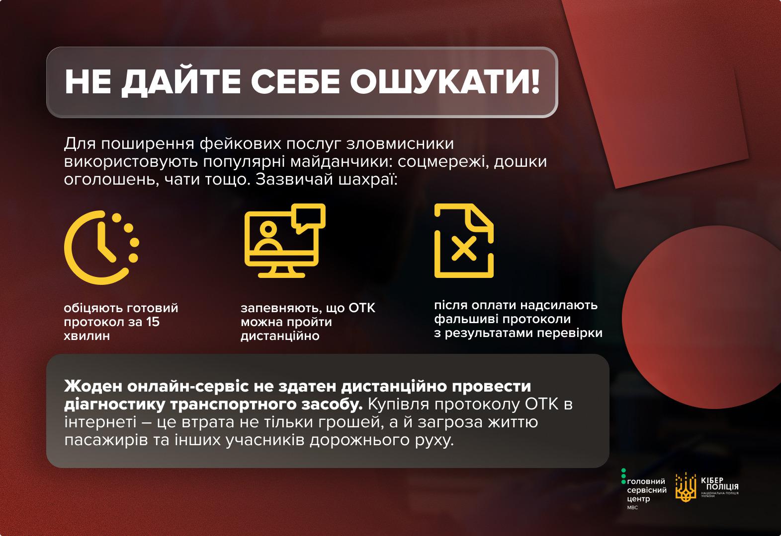 Інформаційна картка на темно-червоному та сірому тлі. У верхньому лівому кутку в рамці із заокругленими кутами білими великими літерами написано заголовок: НЕ ДАЙТЕ СЕБЕ ОШУКАТИ!. Нижче білим текстом розміщено повідомлення: Для поширення фейкових послуг зловмисники використовують популярні майданчики: соцмережі, дошки оголошень, чати тощо. Нижче розташовано три жовті іконки з підписами під ними: іконка годинника з підписом обіцяють готовий протокол за 15 хвилин, іконка монітора з підписом запевняють, що ОТК можна пройти дистанційно, та іконка документа з хрестиком із підписом після оплати надсилають фальшиві протоколи з результатами перевірки. У нижній частині в сірій рамці розміщено текст: Жоден онлайн-сервіс не здатен дистанційно провести діагностику транспортного засобу. Купівля протоколу ОТК в інтернеті — це втрата не тільки грошей, а й загроза життю пасажирів та інших учасників дорожнього руху. У правому нижньому кутку містяться логотипи Головного сервісного центру та Кіберполіції.