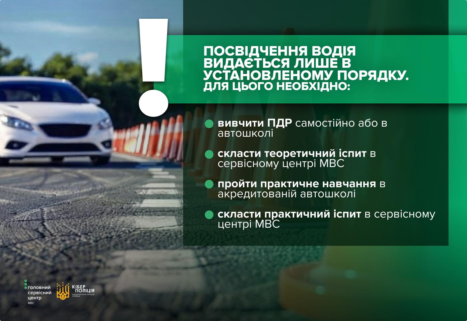 Інформаційне зображення, на тлі якого розмито видно білий автомобіль на дорозі біля помаранчевих дорожніх конусів. У верхній частині розміщено білий знак оклику. Праворуч на темно-зеленому напівпрозорому тлі розташовано заголовок великими білими літерами: ПОСВІДЧЕННЯ ВОДІЯ ВИДАЄТЬСЯ ЛИШЕ В УСТАНОВЛЕНОМУ ПОРЯДКУ. ДЛЯ ЦЬОГО НЕОБХІДНО:. Нижче наведено список із чотирьох пунктів із зеленими кружечками: вивчити ПДР самостійно або в автошколі, скласти теоретичний іспит в сервісному центрі МВС, пройти практичне навчання в акредитованій автошколі, скласти практичний іспит в сервісному центрі МВС. У лівому нижньому кутку розміщено білі логотипи Головного сервісного центру МВС та Кіберполіції Національної поліції України.